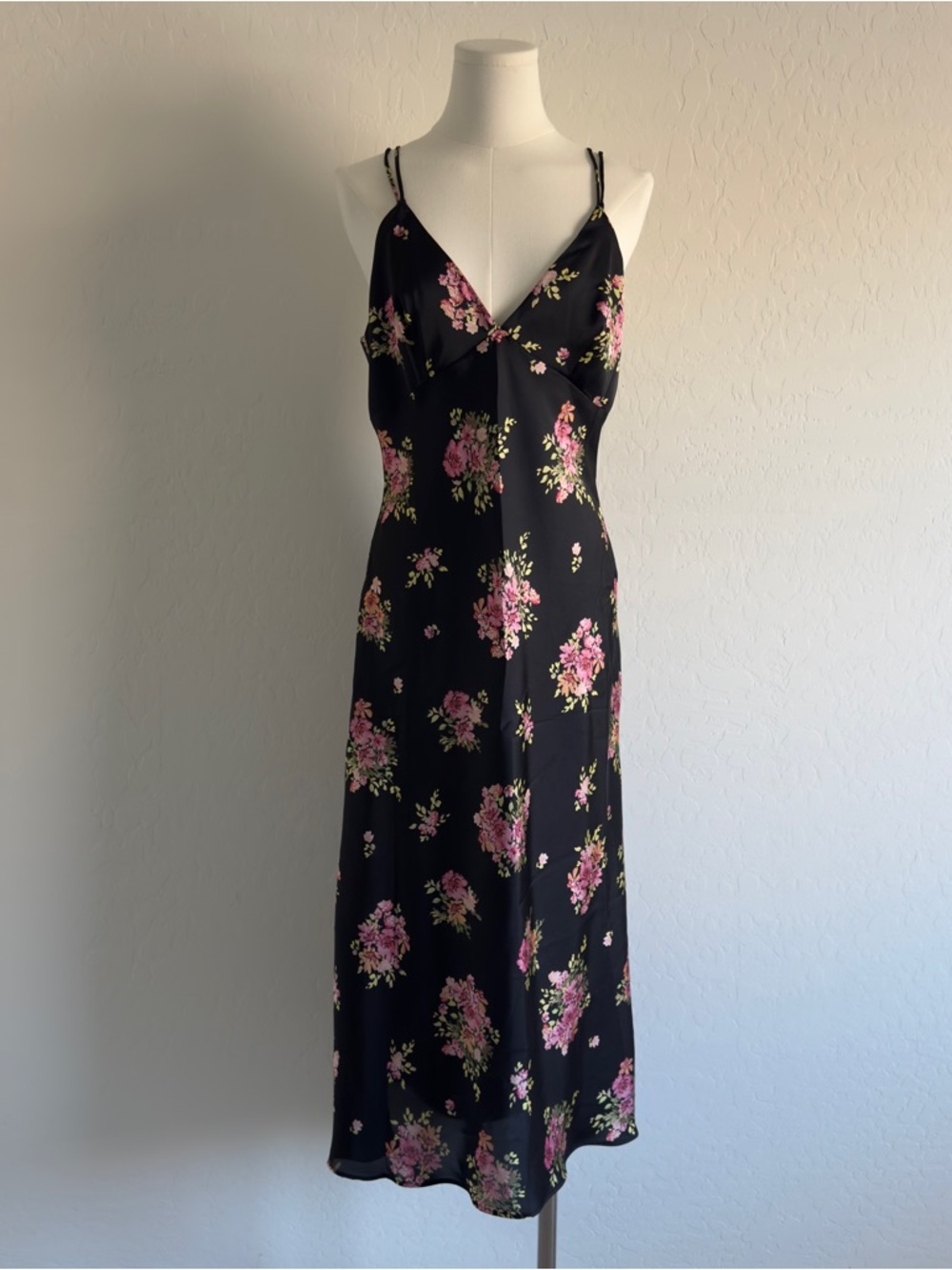 Black Floral Slip Dress with Pink Bouquet Print